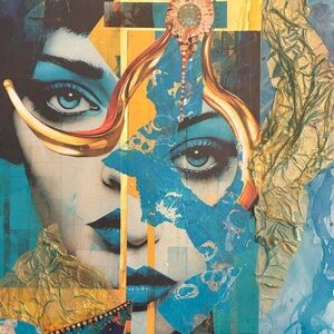 Blue and Gold Mixed Media Art with Abstract Portrait
